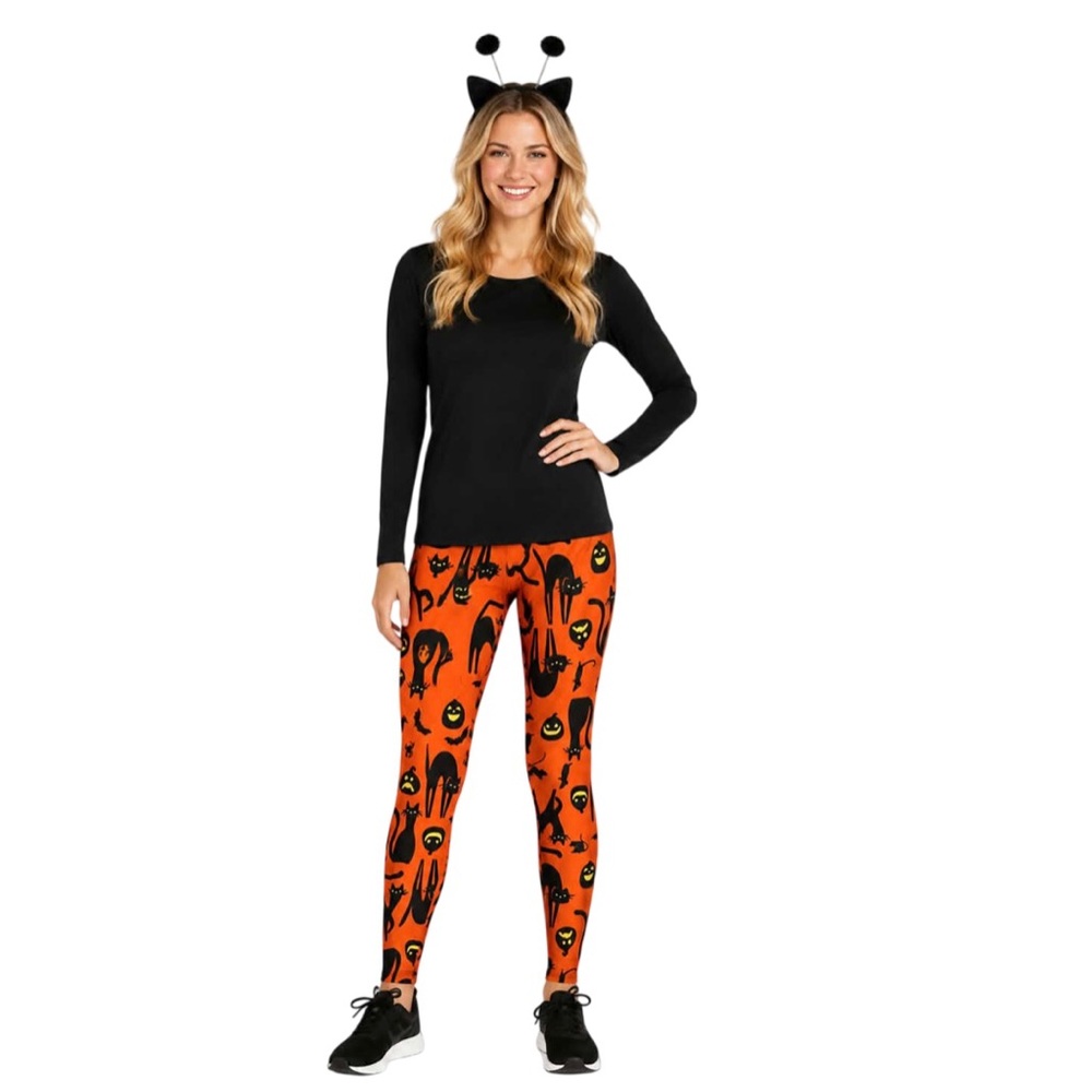Halloween Leggings Orange With Black Cats And Jack O Lanterns Medium